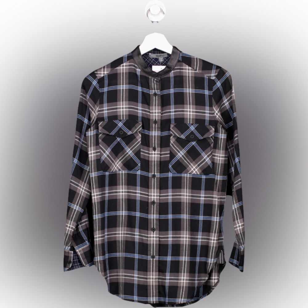 Vince Black Checkered Leather Trimmed Shirt